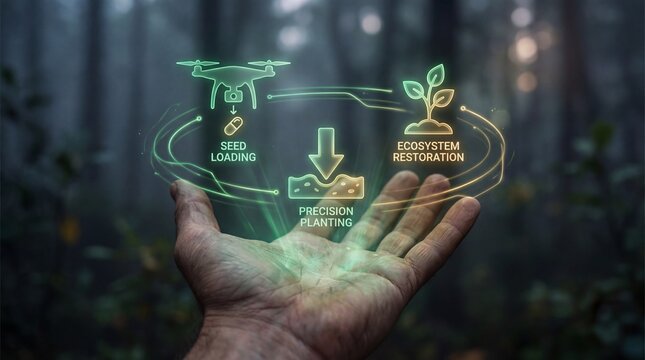Hand holding sustainable ecosystem restoration concept with drone seed loading