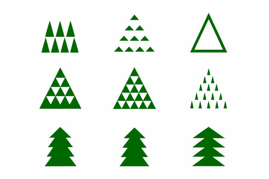 Collection of green triangular shapes resembling christmas trees and pyramids