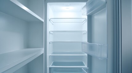 Fototapeta premium Empty refrigerator in kitchen with open door showing clean interior shelves and storage space, household appliance detail, food organization concept, minimal domestic lifestyle home utility background