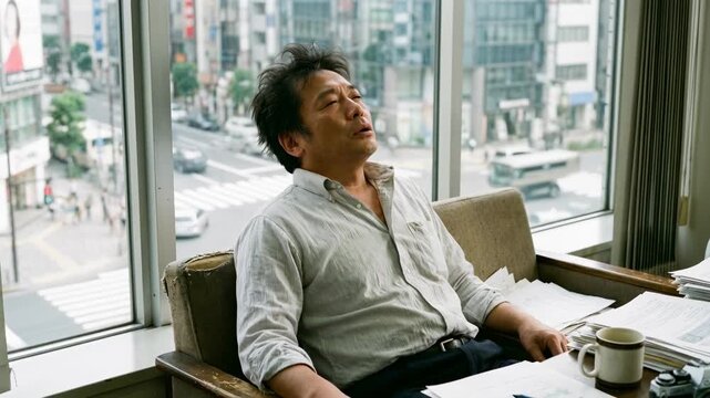 A contemplative man sits by a sunlit window, gazing outward with a sense of quiet reflection, papers and a mug suggesting a moment of respite from work.