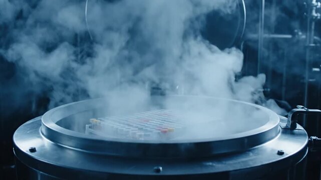 A cryogenic tank opens, releasing dense vapor (liquid nitrogen), revealing a rack of multi-colored sample vials being lowered for deep-freeze storage in a high-tech laboratory setting.