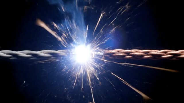 Electric Spark on a Cable Against a Dark Background.