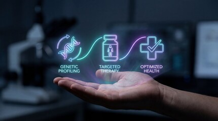 Fototapeta premium Hand holding glowing icons for genetic profiling and targeted therapy