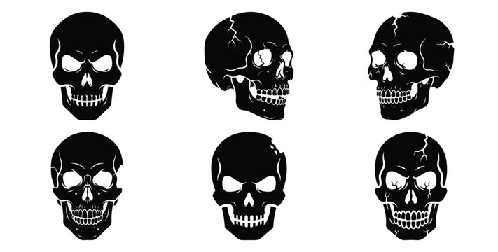 Set of halloween zombie skull silhouettes black icon Vector illustration and isolated on white background.