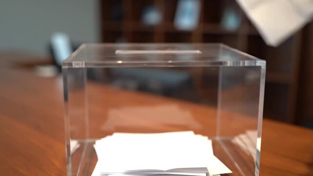 A close-up of a hand dropping multiple folded white ballots into a clear acrylic box on a desk, representing voting or anonymous submission.