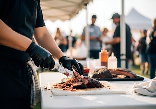 Chef expertly shreds slow-cooked barbecue meat at outdoor food festival stall