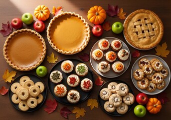 Obraz premium Assorted pastries and desserts arranged on plates surrounded by autumn leaves and fruits from an overhead viewpoint