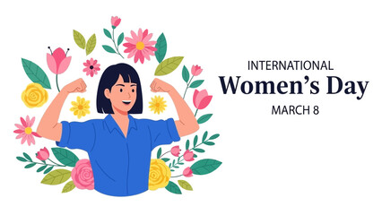 Vector spring holiday banner March 8, girl in flowers with text International Women's Day. Feminism concept, women empowerment, gender equality