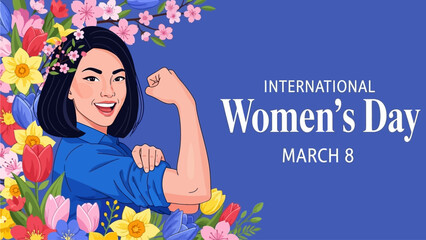 Vector spring holiday banner March 8, girl in flowers with text International Women's Day. Feminism concept, women empowerment, gender equality