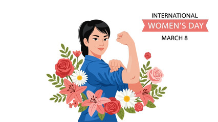 Vector spring holiday banner March 8, girl in flowers with text International Women's Day. Feminism concept, women empowerment, gender equality