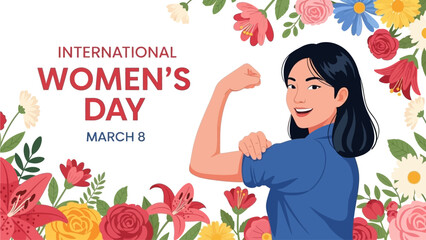 Vector spring holiday banner March 8, girl in flowers with text International Women's Day. Feminism concept, women empowerment, gender equality
