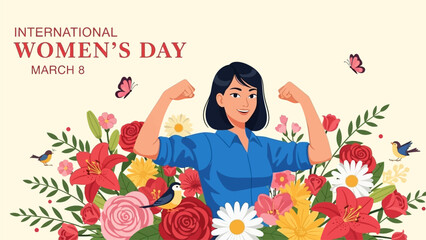 Vector spring holiday banner March 8, girl in flowers with text International Women's Day. Feminism concept, women empowerment, gender equality