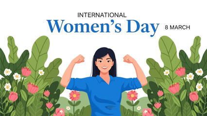 Vector spring holiday banner March 8, girl in flowers with text International Women's Day. Feminism concept, women empowerment, gender equality