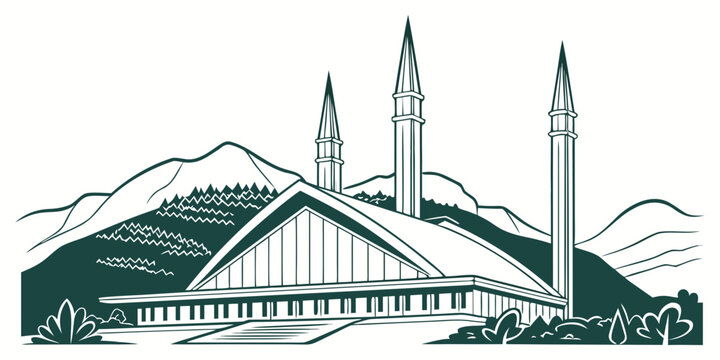 Majestic Mosque Architecture with Mountains, Green and White Illustration