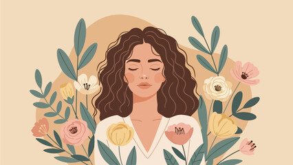 Woman with flowers in her hair on gentle pastel beige pink background. Happy Women's Day. Happy Mother's Day. Vector horizontal holiday banner with place for text. Feminism concept, women empowerment