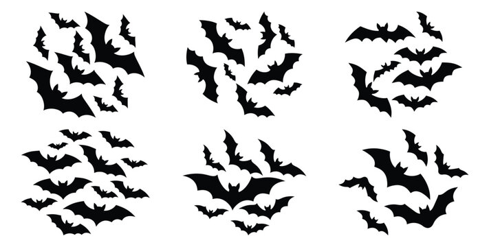 Set of halloween bat swarm silhouettes black icon Vector illustration and isolated on white background.