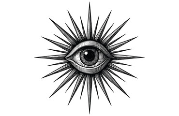Vintage Engraving Woodcut Illustration of Mystic All-Seeing Eye of Providence in Radiant Sunburst