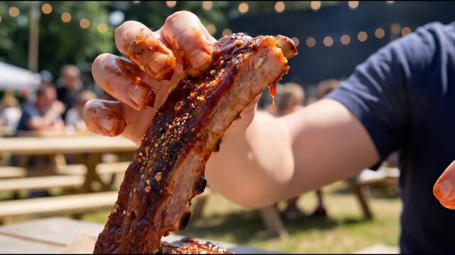 Juicy and tender ribs, held up by an arm, tantalizingly presented, enticing the senses with its smoky aroma and savory flavor, inviting a delightful culinary experience.