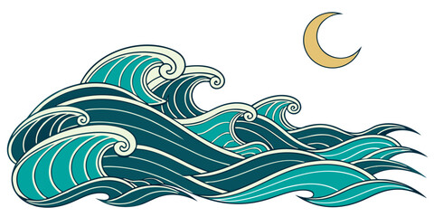 Fototapeta premium Ocean Waves Illustration with Crescent Moon in Night Sky