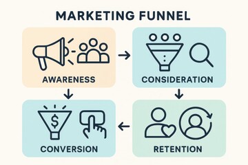 Journey through the Marketing Funnel with icons depicting awareness, consideration, conversion, and retention to illustrate customer journey stages and strategic marketing concepts