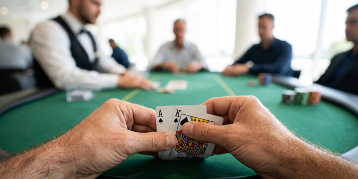 First-Person Point of View of a Poker Player Holding a Winning Hand at a Casino Table