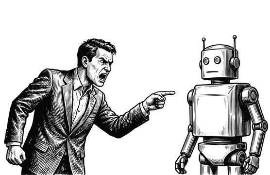 Vintage Engraving Woodcut Illustration of Angry Businessman Shouting at Robot