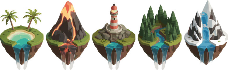 Fantasy floating islands illustration, tropical lagoon artwork, volcanic terrain design, lighthouse grassy scene, forest river landscape, snowy mountain peaks, stock image © Md Shahedul