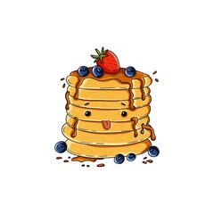 Cute pancake stack with syrup, blueberries and strawberry, playful face, watercolor food illustration, isolated on white background