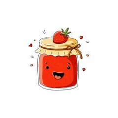 Smiling kawaii strawberry jam jar with fabric lid, ribbon and hearts, hand-drawn watercolor style, isolated on white background