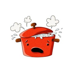 Cute red cooking pot with boiling water and worried expression, hand drawn watercolor cartoon illustration, isolated on white background