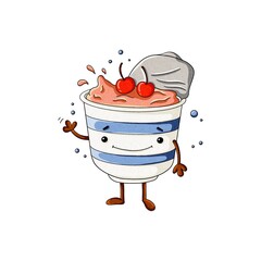 Smiling dessert cup with cream and cherries, waving cartoon character in soft watercolor style, isolated on white background