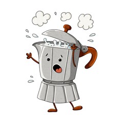 Funny anthropomorphic moka pot with steam and surprised expression, hand-drawn watercolor kitchen illustration, isolated