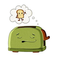 Sleepy green toaster with thought bubble and bread slice, cozy watercolor cartoon, isolated on white background