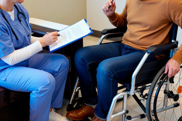 Young man with disability sitting in wheelchair consulting with medical professional in scrubs holding clipboard and pen during healthcare appointment in clinic
