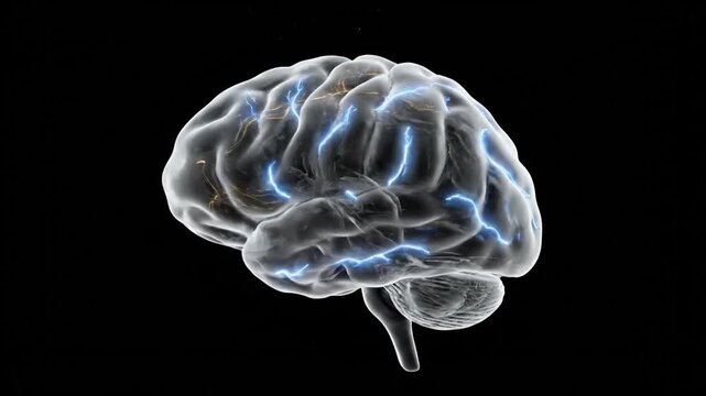 The video showcases a dynamically active, transparent human brain model against a black background. Electrical impulses (synaptic signals) are visualized as blue and orange light paths traveling acro