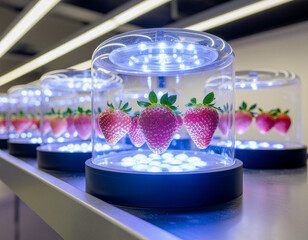 植物工場でLED照明を浴びてカプセルの中で育つ未来のイチゴ