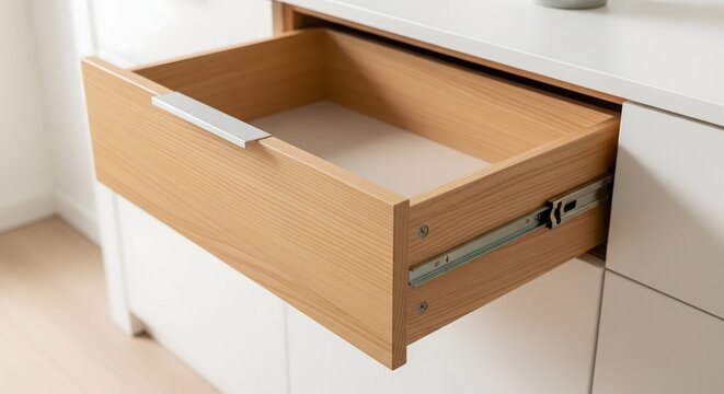 Open Wooden Drawer in Modern Cabinet, Home Storage Solution, Minimal Interior Furniture, Organization Concept