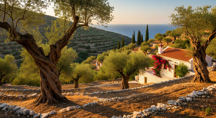 Obraz premium Olive grove landscape with rustic house and trees in warm golden light on rolling hills for travel brochure