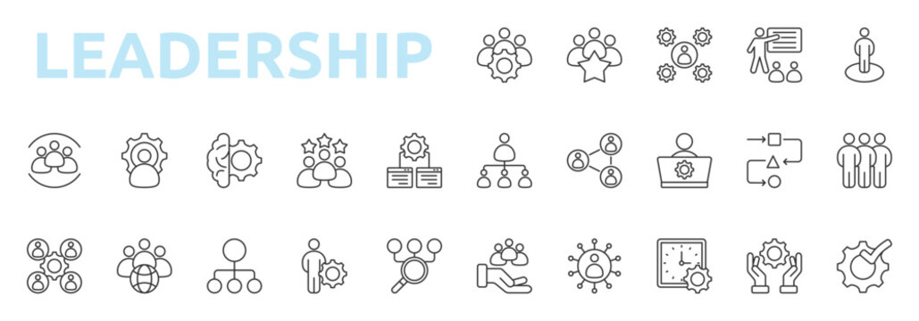 Leadership icon outline style with team, collaboration, achievement, management, presentation, employee, hierarchy icons