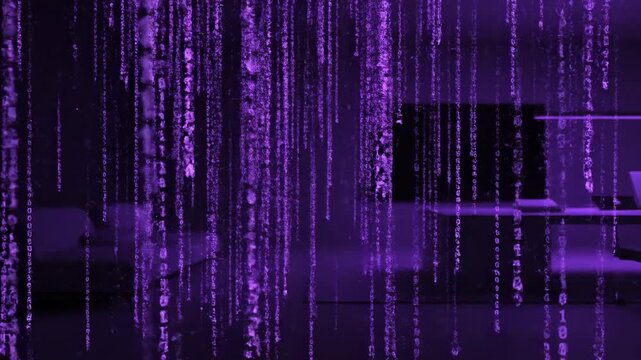 A digital data stream of cascading binary code floats over a room with a desk