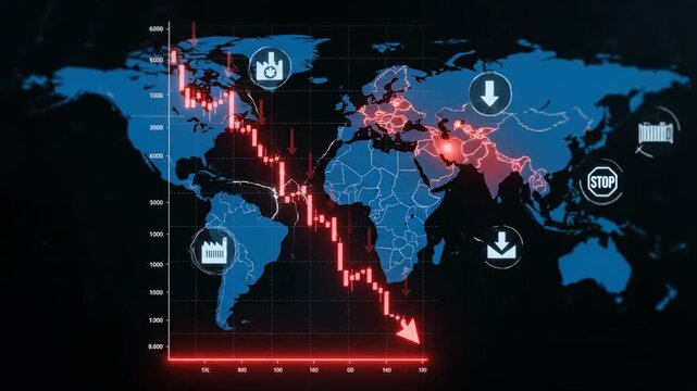 A digital image shows a world map overlaid with a stock market chart, depicting a downward trend.  Red arrows indicate a declining economic situation.  Global economy is represented