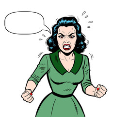 Retro illustration of angry woman with black hair in gree dress