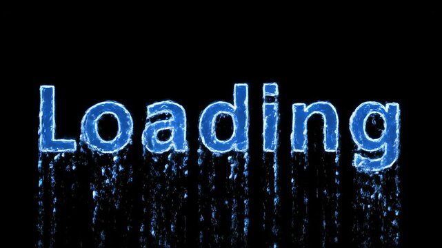 A digital rendering showing the word "Loading" constructed of blue, ice-like material against a black background. The letters have a wet, dripping effect