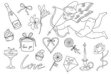Obraz premium Line art Love themed illustrations set: cupid, cherub, bows, ribbon, gifts, angel, hearts, sweets, flowers. Cute coquette aesthetic. Valentine's Day, wedding, romantic design. Vector linear elements