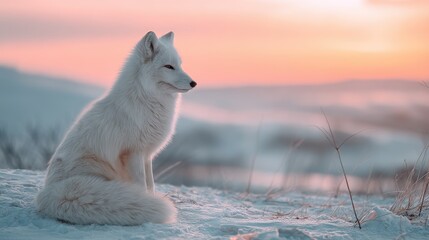 Fototapeta premium White arctic fox sitting on snow at sunset. Wild animal in winter landscape. Wildlife, nature, and beauty concept for greeting card.