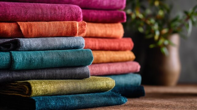 Stack of colorful folded linen fabrics and textiles on a wooden surface with a blurry plant in background. Fabric shop, sewing, craft, and decoration concept.