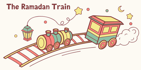 Naklejka premium Colorful Ramadan Train Illustration with Lantern and Celestial Symbols