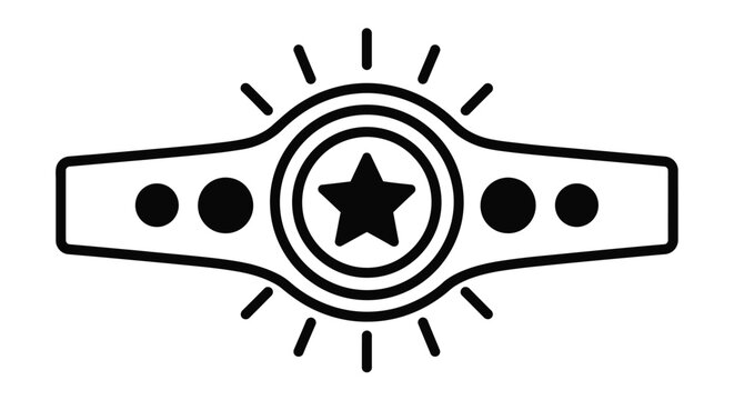 Simple black and white line art icon representing a championship belt with a central shining star perfect for award concepts.