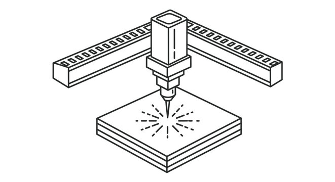 Simple black and white isometric line art illustration depicting a precision cnc machine laser cutting or engraving a material surface.