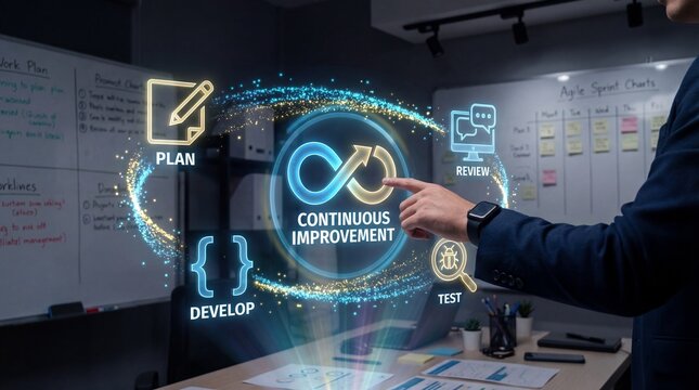 Businessman engaging with continuous improvement process in modern office